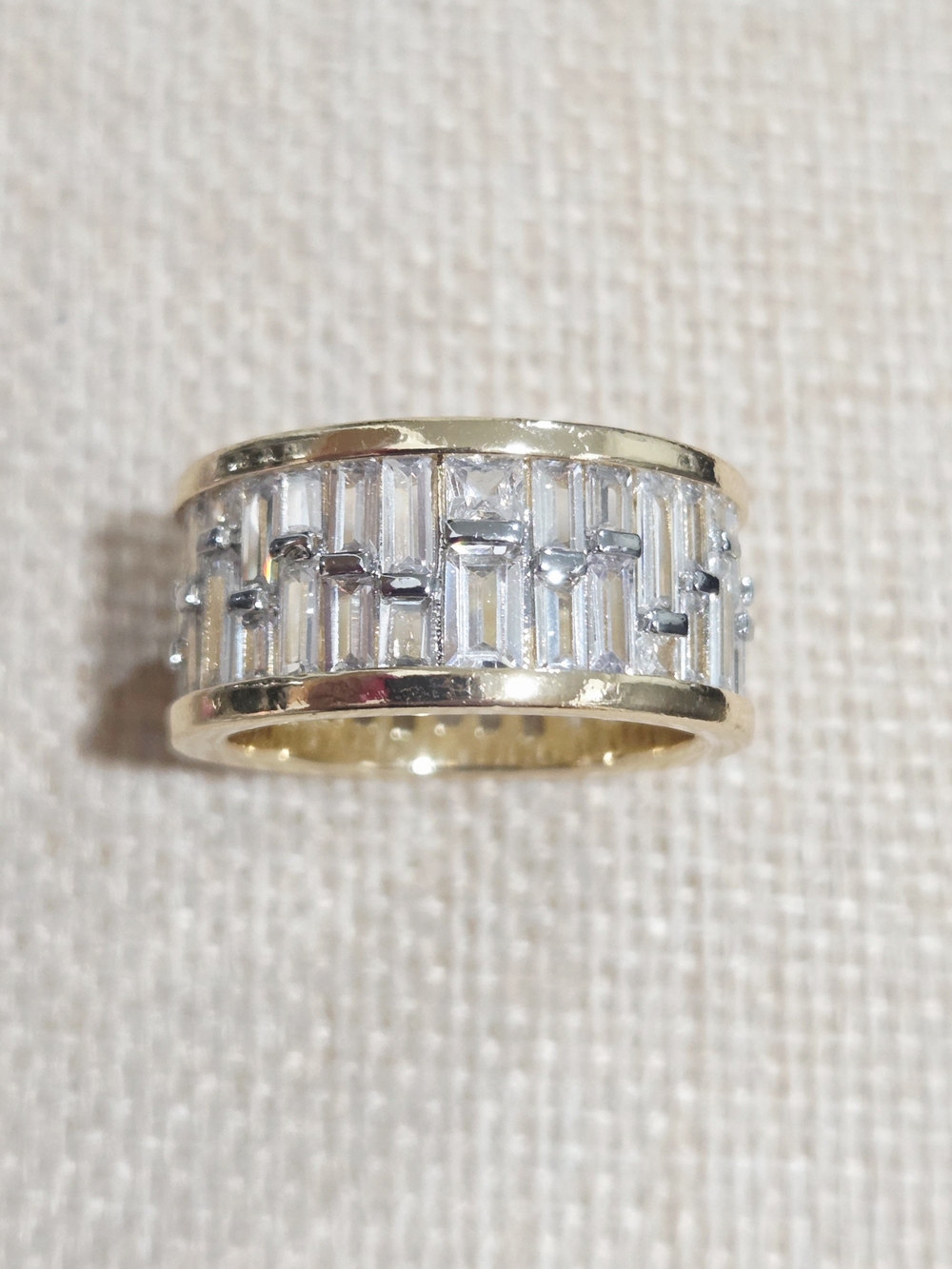 Gold-Tone Women’s Wide Band Ring with Clear Baguette Stones~ Size 10